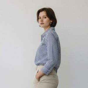 ON-34th Women's Navy and White Striped Button-Down Shirt